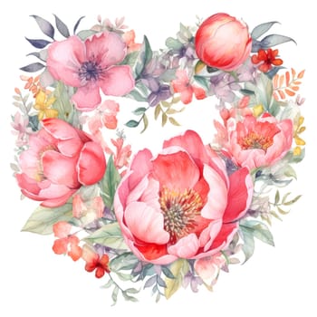 Watercolour Peonies flowers heart wreath on white background. Romantic template for cards, invitations, etc. AI generated