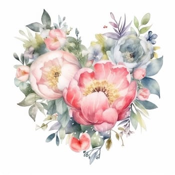 Watercolour Peonies flowers heart wreath on white background. Romantic template for cards, invitations, etc. AI generated