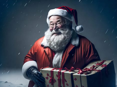 Happy Santa Claus outdoors in snowfall holding gifts for children. Generative Ai.