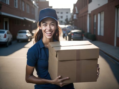 Portrait of Happy delivery woman holding a box package outside. Delivery Concept. Generative Ai