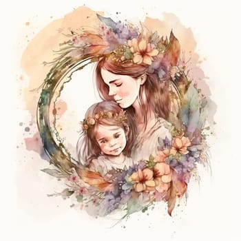 Floral watercolor illustration of mother hugging her baby, women day, happy childhood, mother's day, copy space. Concept mothers love, relationships between mother and child. Generative ai.