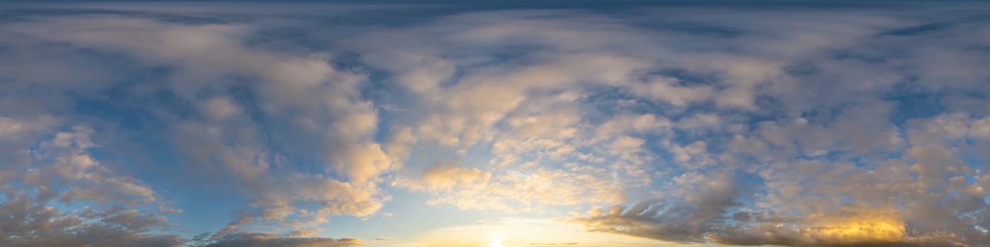 Dark blue sunset sky panorama with pink Cumulus clouds. Seamless hdr 360 pano in spherical equirectangular format. Full zenith for 3D visualization, game, sky replacement for aerial drone panoramas