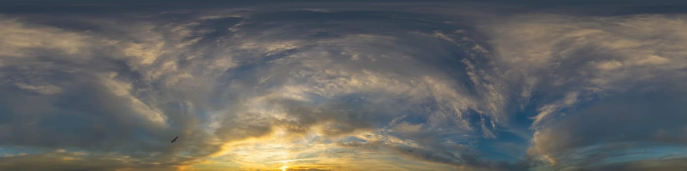 Dark blue twilight sky panorama with Cumulus clouds. Seamless hdr 360 panorama in spherical equiangular format. Full zenith or sky dome for 3D visualization, sky replacement for aerial drone panoramas