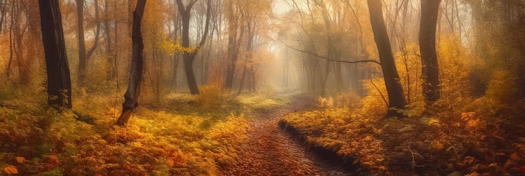 Deep Autumn forest and leaves fall on ground. Golden fall landscape or autumnal background with smoky sunlight and rays.