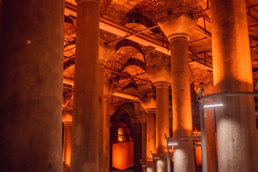 Beautiful cistern in Istanbul. Cistern - underground water reservoir build in 6th century, Istanbul, Turkey, Turkiye.