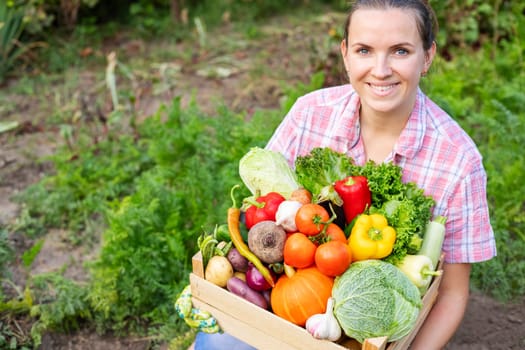 Farmer woman in gloves holding wooden box full of fresh raw vegetables. Basket with vegetable in the hands.