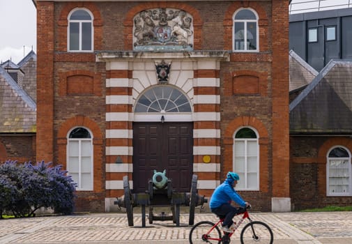 Woolwich, London - 15 May 2023: Antique cannon outside Royal brass foundry in Royal Arsenal Riverside development