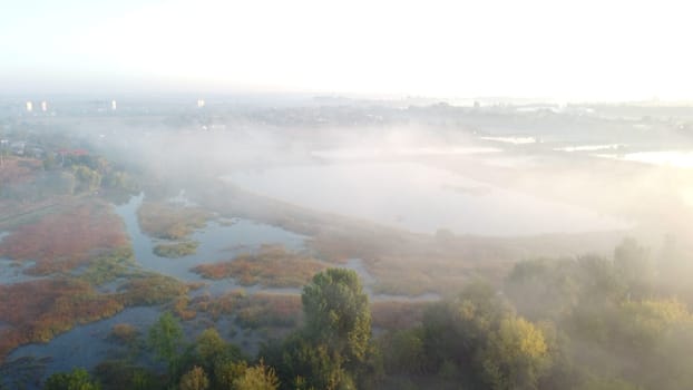 Lakes, artificially created water ponds for growing fish farming with morning mist on an early summer sunny morning. Nature scenery, natural landscape. Sunlight, sunshine. Top view. Aerial drone view.