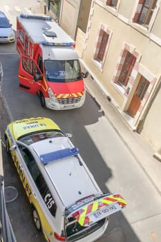 SAINT JUNIEN, FRANCE - AUGUST 19, 2018 : French ambulance and resuscitation arrived to call the patient SAMU