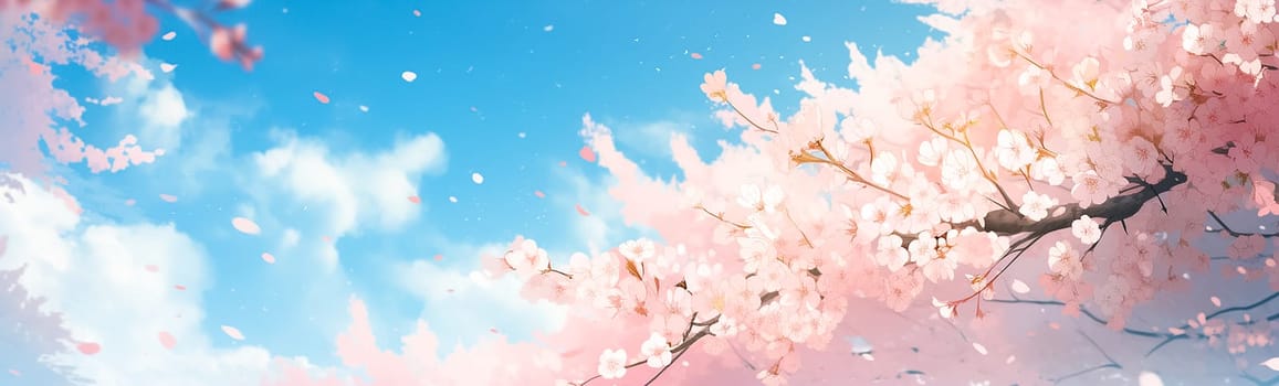 Pink cherry blossoms on a branches and blue sky with clouds. Delicate shot of almond blossom or sakura close up on sky background. Long banner with Spring flowers of cherries tree