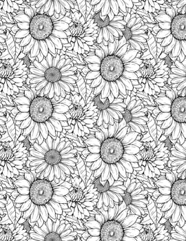 Flowers coloring spring and summer doodle ornament. Doodle coloring art with flowers and leaves black and white outline. Zentangle pattern for coloring book pages for adults and kids.