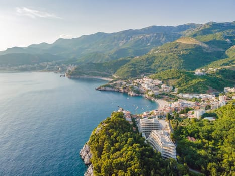 Queen's Beach in Milocer, Montenegro. Aerial view of sea waves and fantastic Rocky coast, Montenegro. drone.