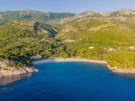 Queen's Beach in Milocer, Montenegro. Aerial view of sea waves and fantastic Rocky coast, Montenegro. drone.