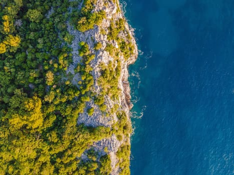 Aerial view of sea waves and Rocky coast in Montenegro.