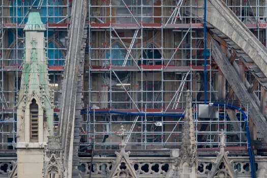 6 May 2023. Paris, France. Work continues on Notre Dame cathedral in preparation for the 2024 Olympics games. Scaffolding covers Notre Dame cathedral after the tragic fire in 2019