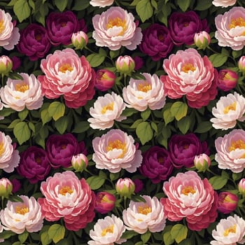 Floral Seamless Pattern with White Pink and Dark Magenta Peonies with Green Leaves on Black. Wallpaper Design for Textiles, Interior, Clothes, Wedding Invitations, Postcards, Greetings. AI Generated