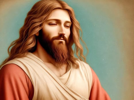 Portrait of Jesus Christ. Christian and catholic religion painting artwork. Easter, Bible and Faith concepts. Glory and hope. Generative Ai
