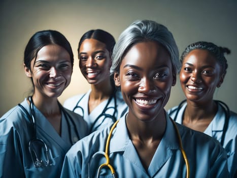Successful diverse team of medical doctors are looking at camera and smiling while standing in hospital. Generative Ai.