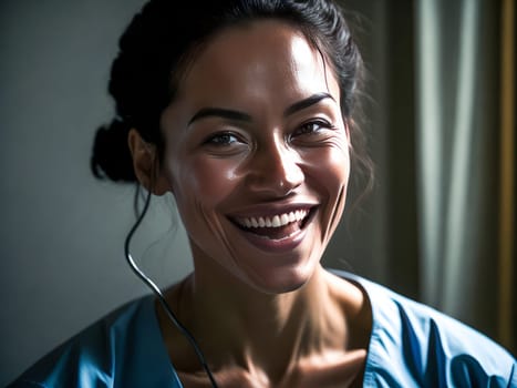 Latino woman doctor with stethoscope in uniform over background with copy space, medical concept. Generative ai.