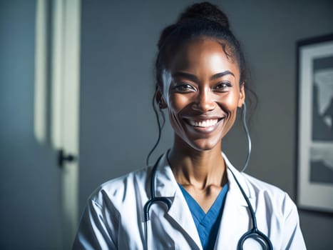 Latino woman doctor with stethoscope in uniform over background with copy space, medical concept. Generative ai