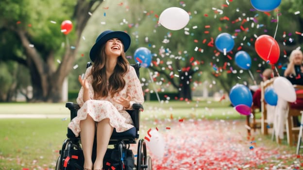 Happy caucasian female on wheelchair celebrating July 4th Independence Day. Disabled handicapped teenager. Generative Ai