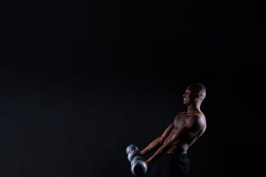 Muscle, body and skin, portrait of black man on dark background with serious face art aesthetic.