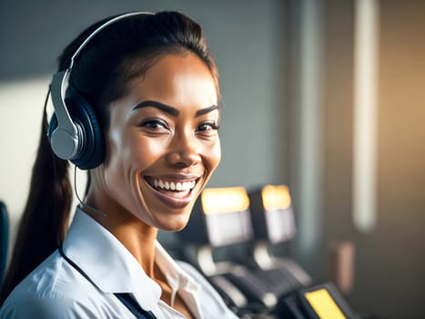 Smiling african american customer care representative working with headset in office. Black woman telemarketing agent working in call center. Generative Ai