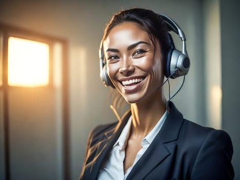 Smiling african american customer care representative working with headset in office. Black woman telemarketing agent working in call center. Generative Ai