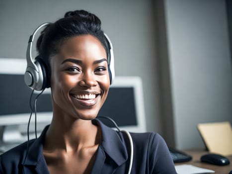 Smiling african american customer care representative working with headset in office. Black woman telemarketing agent working in call center. Generative Ai