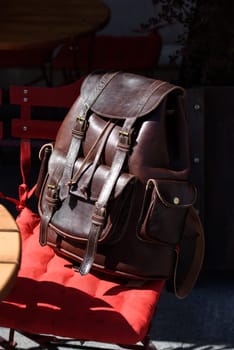 Leather brown backpack. backpack for travelers and students.