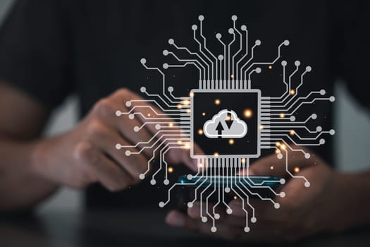 Virtual screen with cloud computing diagram displayed by a man. Cloud technology and networking concept. Laptop and server in the background symbolize digital innovation and information technology.