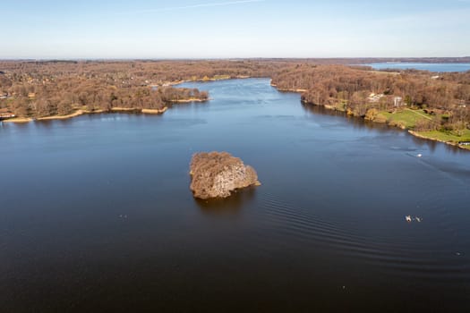 Bagsvaerd, Denmark - April 20, 2022: Aerial drone view of Bagsvaerd Lake in northeastern Zealand.