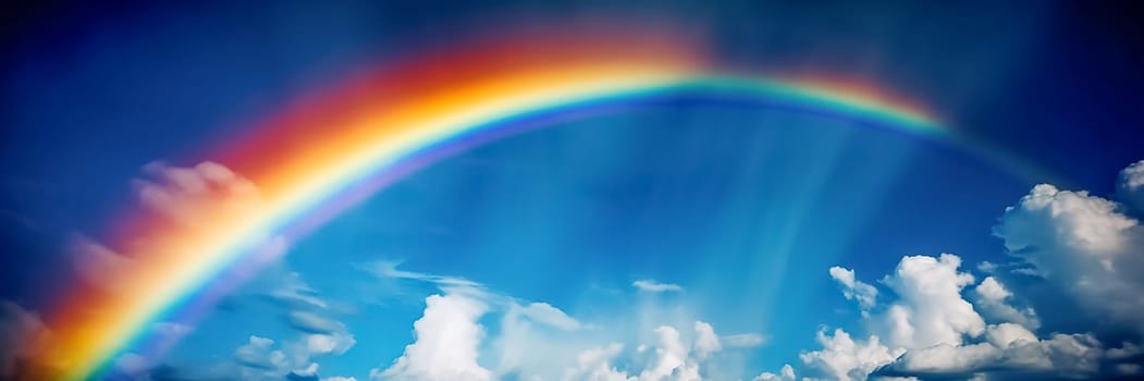 Rainbow on the sky with clouds background. Long banner with bright Rainbow and sun rays.