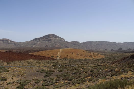 Panoramic view of volcanic lanscape in front of the ocean from the peak of mountain Teide, Tenerife, Canary islands, Spain