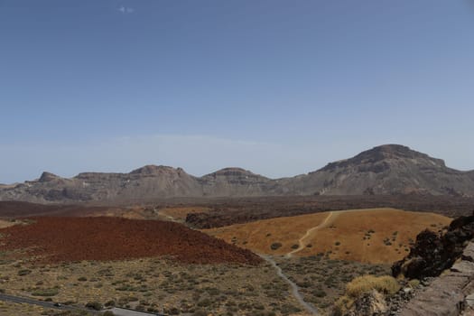 Panoramic view of volcanic lanscape in front of the ocean from the peak of mountain Teide, Tenerife, Canary islands, Spain