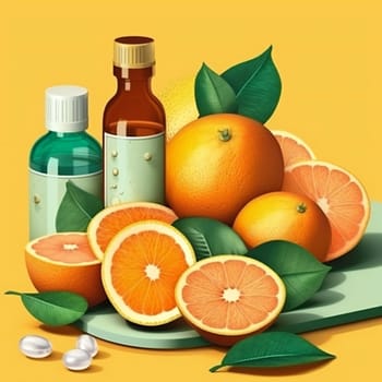 Vitamin C illustration. Foods containing ascorbic acid. Source of vitamin C, fruits and vegetables - fresh oranges, berries, greens isolated on bright background