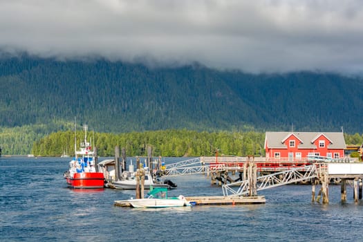 Motor boats are mooring to the piers on Pacific ocean bay in Tofino. Landscape of marine float in a harbor