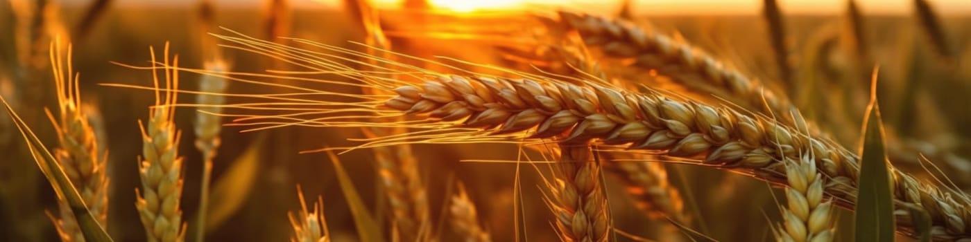 Rich harvest. backdrop of ripening ears of yellow wheat field on the sunset, cloudy orange sky background, banner. AI Generative