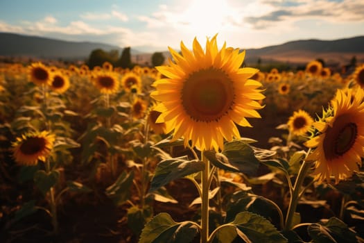 Beautiful field of blooming sunflowers against sunset golden light, AI Generative