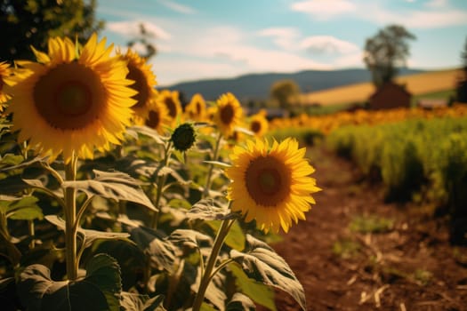 Beautiful field of blooming sunflowers against sunset golden light, AI Generative