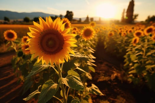 Beautiful field of blooming sunflowers against sunset golden light, AI Generative