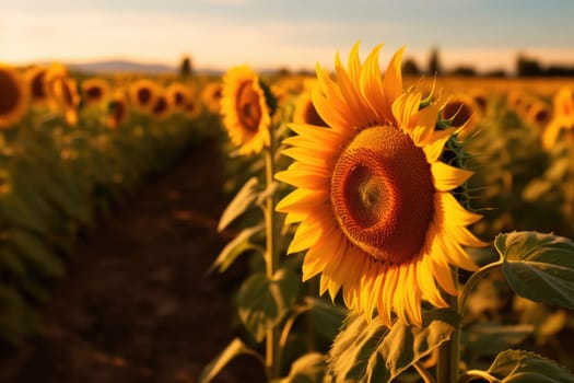 Beautiful field of blooming sunflowers against sunset golden light, AI Generative