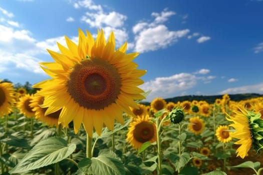 Beautiful field of blooming sunflowers against blue sky, AI Generative