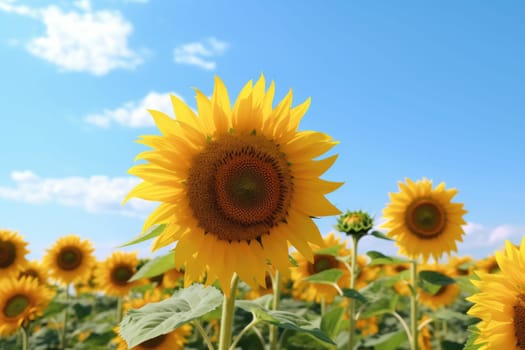 Beautiful field of blooming sunflowers against blue sky, AI Generative