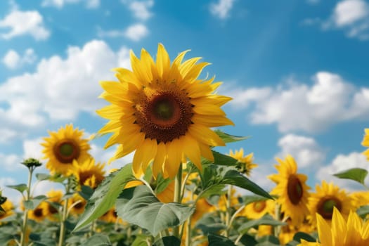 Beautiful field of blooming sunflowers against blue sky, AI Generative