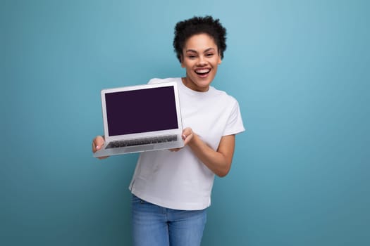 young smart hispanic business woman in white t-shirt got working remotely with laptop. business concept.