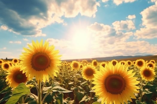 Beautiful field of blooming sunflowers against blue sky, AI Generative