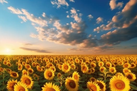 Beautiful field of blooming sunflowers against blue sky, AI Generative