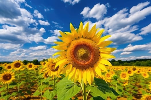 Beautiful field of blooming sunflowers against blue sky, AI Generative