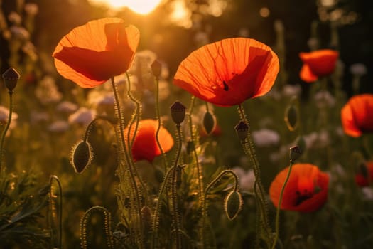 Beautiful field of red poppies in the sunset light. AI Generative